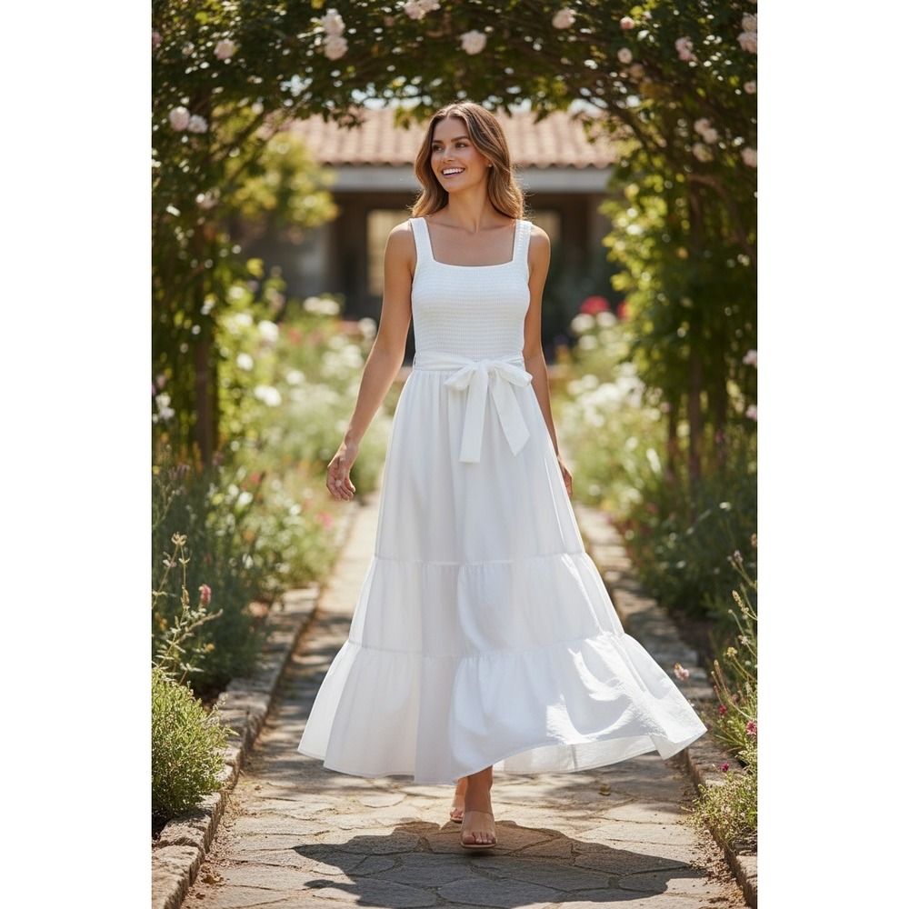 Lauren Ralph Lauren NWT SZ Large Smocked Tiered Maxi Dress White with belt